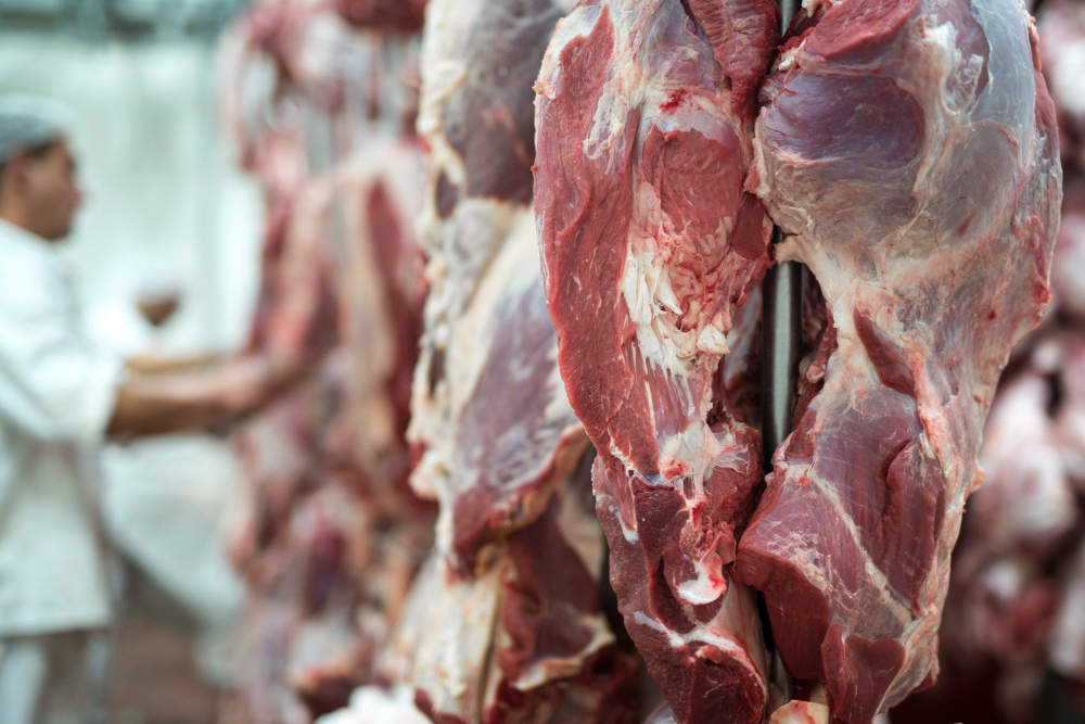Raw red meat slabs hanging on hooks in a butcher shop, worker blurred in the background wearing a white coat.