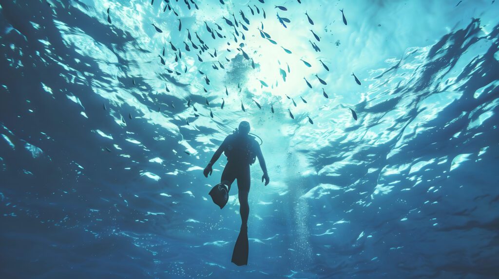Silhouetted scuba diver swimming underwater with fins, surrounded by a school of small fish in blue ocean light.