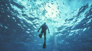 Silhouetted scuba diver swimming underwater with fins, surrounded by a school of small fish in blue ocean light.
